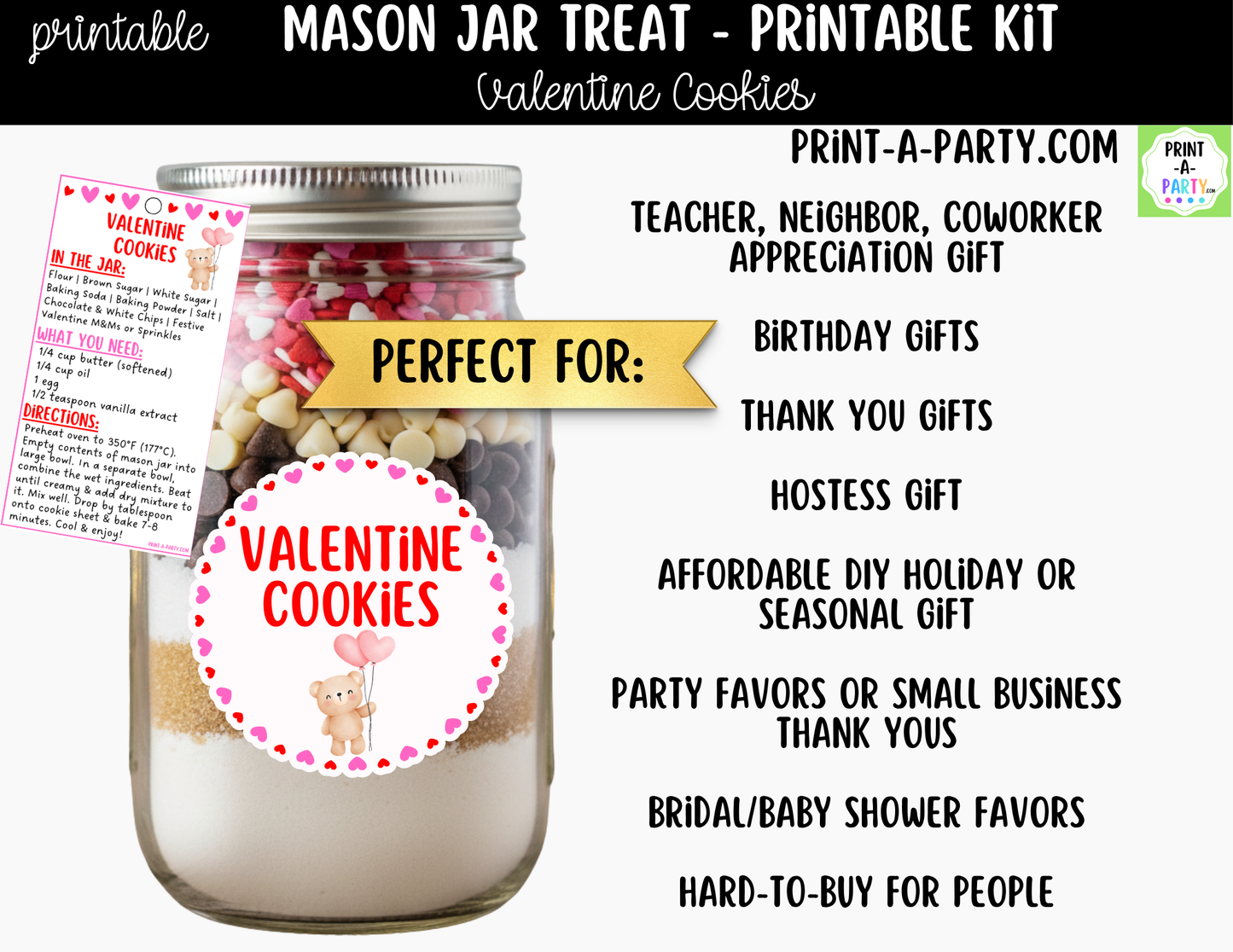 Valentine's Day Cookies in a Mason Jar Gift Printable Kit - Labels, Tag, Recipe & Instructions