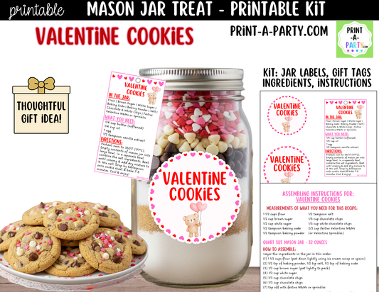 Valentine's Day Cookies in a Mason Jar Gift Printable Kit - Labels, Tag, Recipe & Instructions