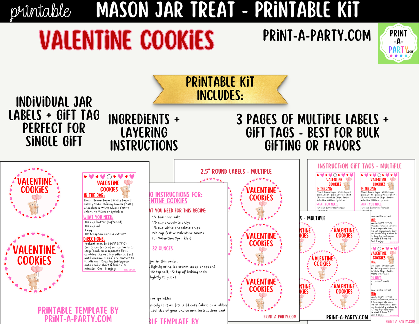 Valentine's Day Cookies in a Mason Jar Gift Printable Kit - Labels, Tag, Recipe & Instructions