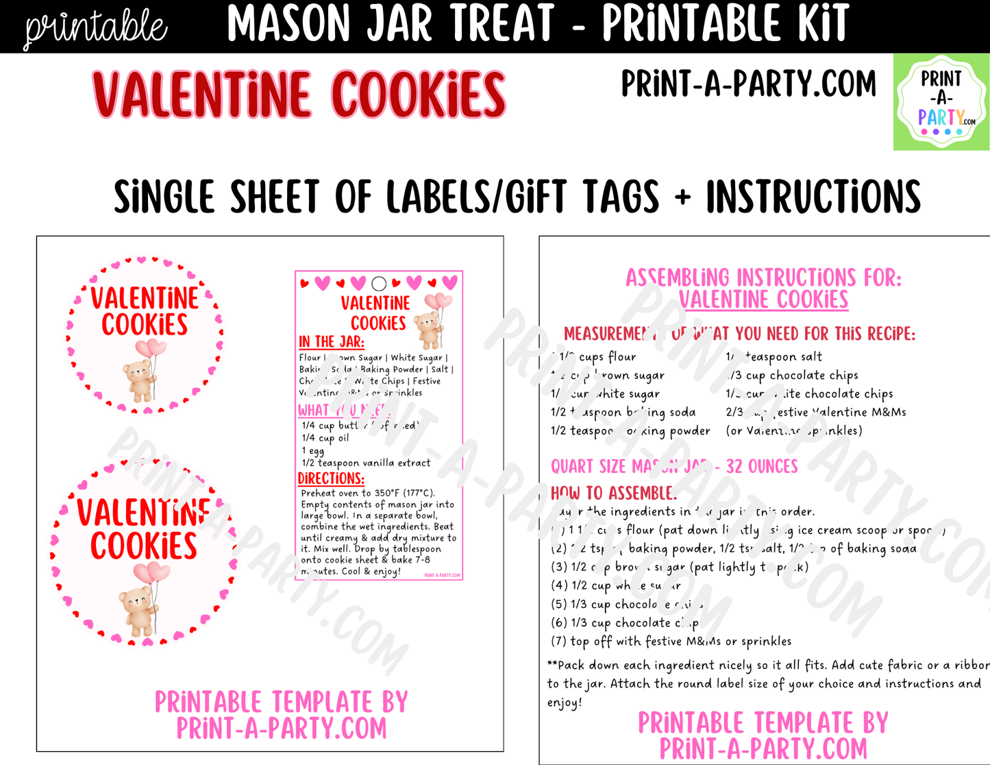 Valentine's Day Cookies in a Mason Jar Gift Printable Kit - Labels, Tag, Recipe & Instructions