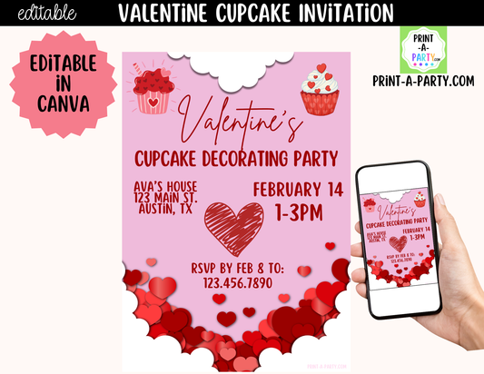 Valentine Cupcake Party Invitation Printable – Editable Canva