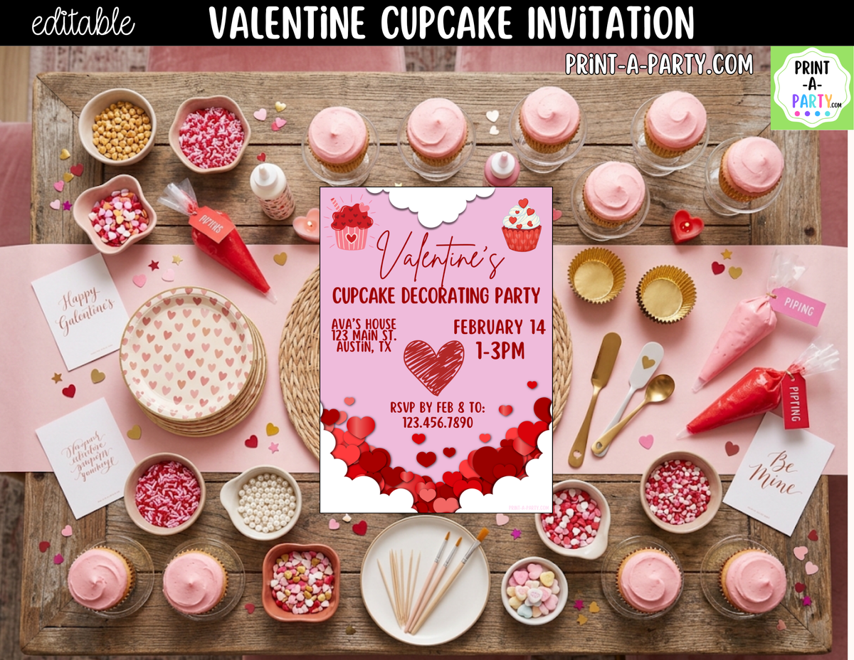 Valentine Cupcake Party Invitation Printable – Editable Canva