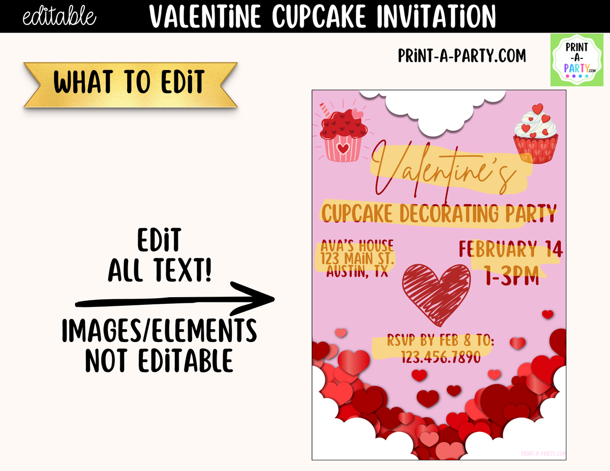 Valentine Cupcake Party Invitation Printable – Editable Canva