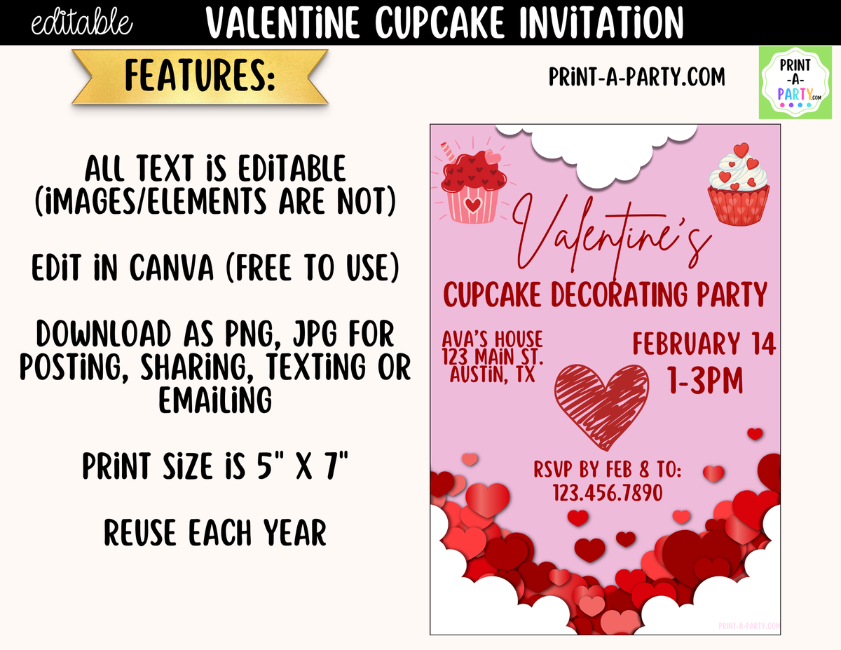 Valentine Cupcake Party Invitation Printable – Editable Canva