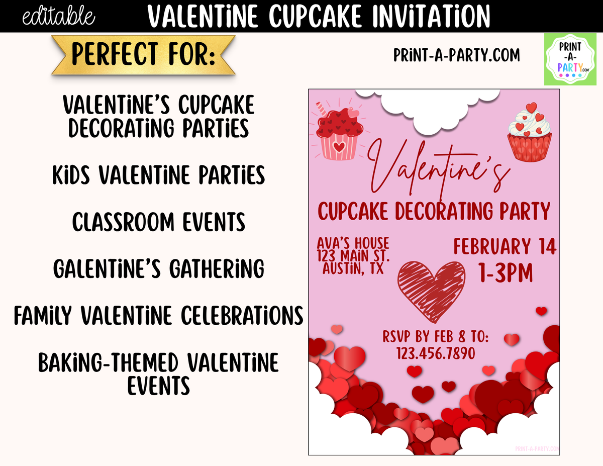 Valentine Cupcake Party Invitation Printable – Editable Canva