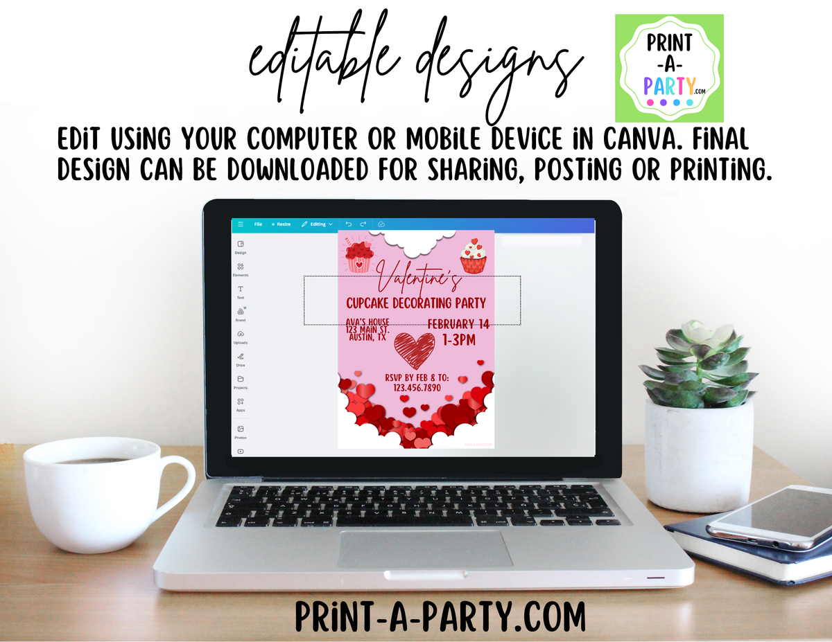 Valentine Cupcake Party Invitation Printable – Editable Canva