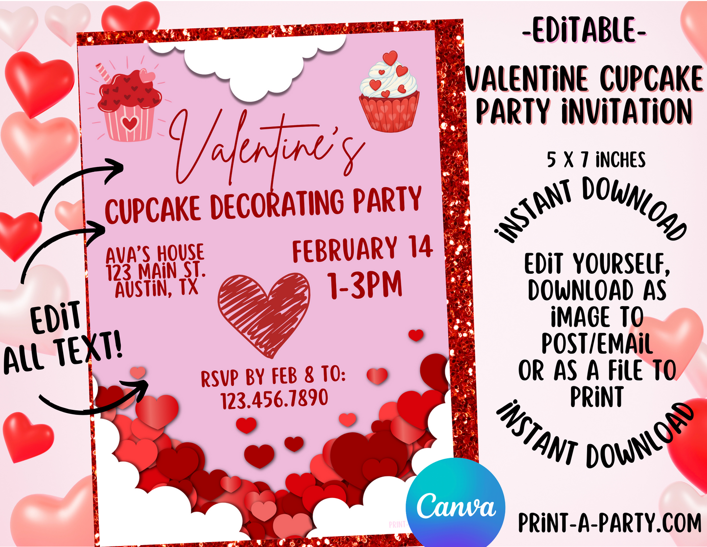 VALENTINE PARTY EDITABLE INVITATION: VALENTINE'S CUPCAKE PARTY - EDITABLE PRINTABLE | Valentine's Day Cupcake Party Invite | Valentine Party Customization | Valentine Decorating Cupcakes