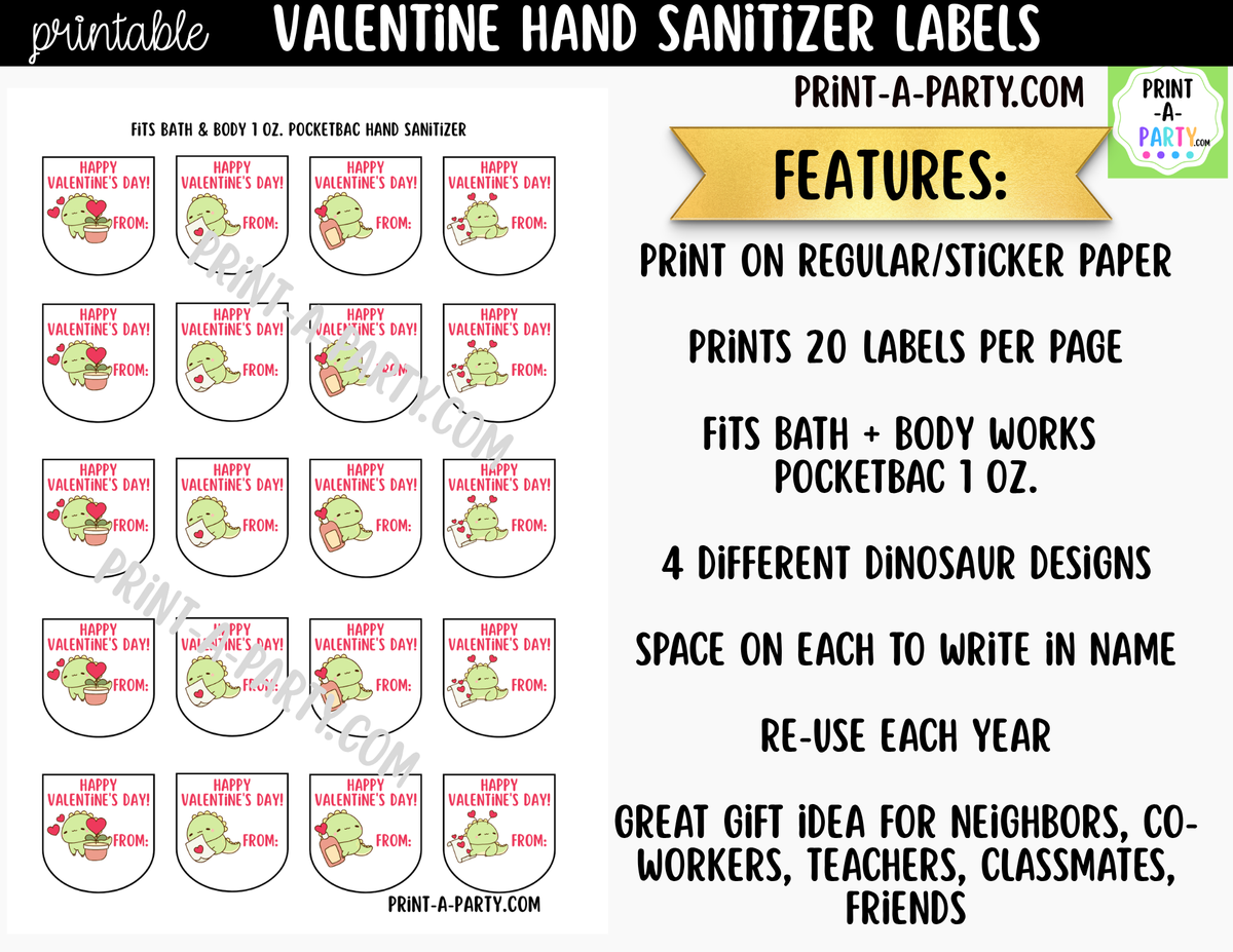 Valentine Dinosaur Hand Sanitizer Labels Printable