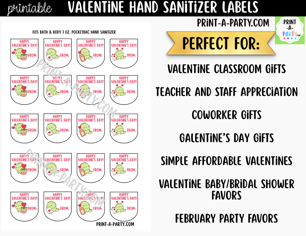 Valentine Dinosaur Hand Sanitizer Labels Printable