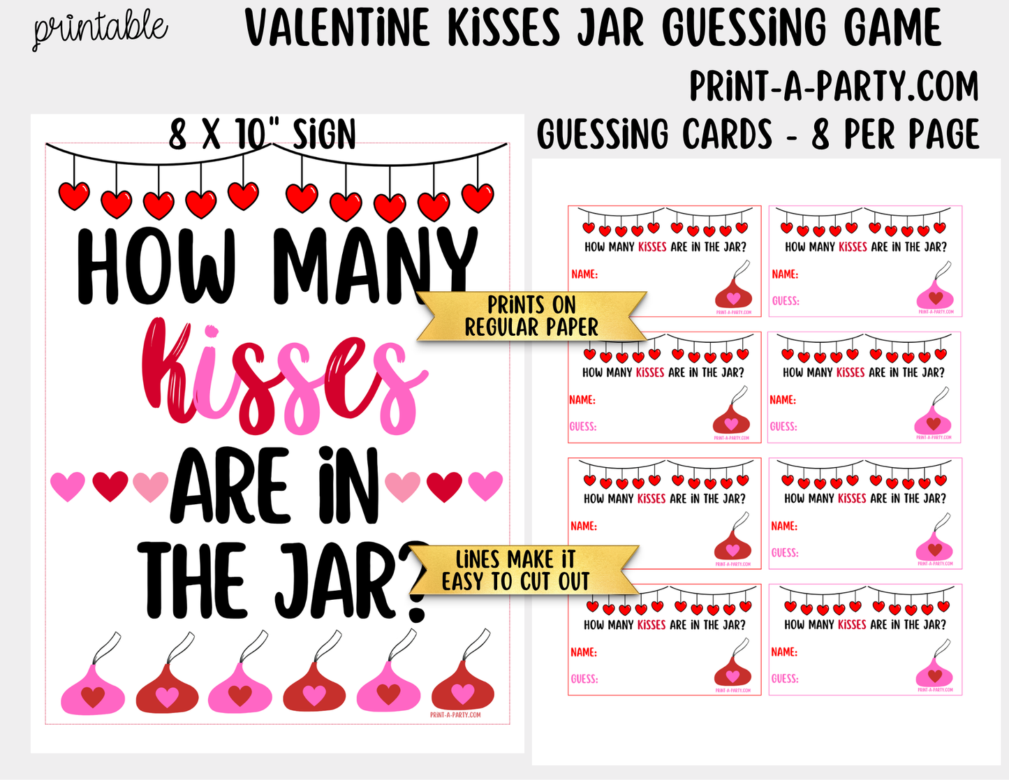 Valentine's Day Chocolate Kisses Jar Game Printable Sign (8x10) & Guessing Cards for Parties and Decor