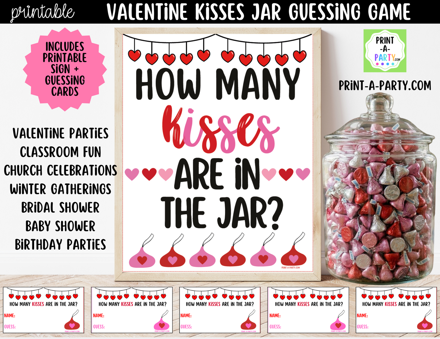 Valentine's Day Chocolate Kisses Jar Game Printable Sign (8x10) & Guessing Cards for Parties and Decor