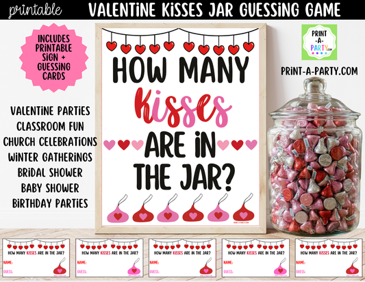 Valentine's Day Chocolate Kisses Jar Game Printable Sign (8x10) & Guessing Cards for Parties and Decor