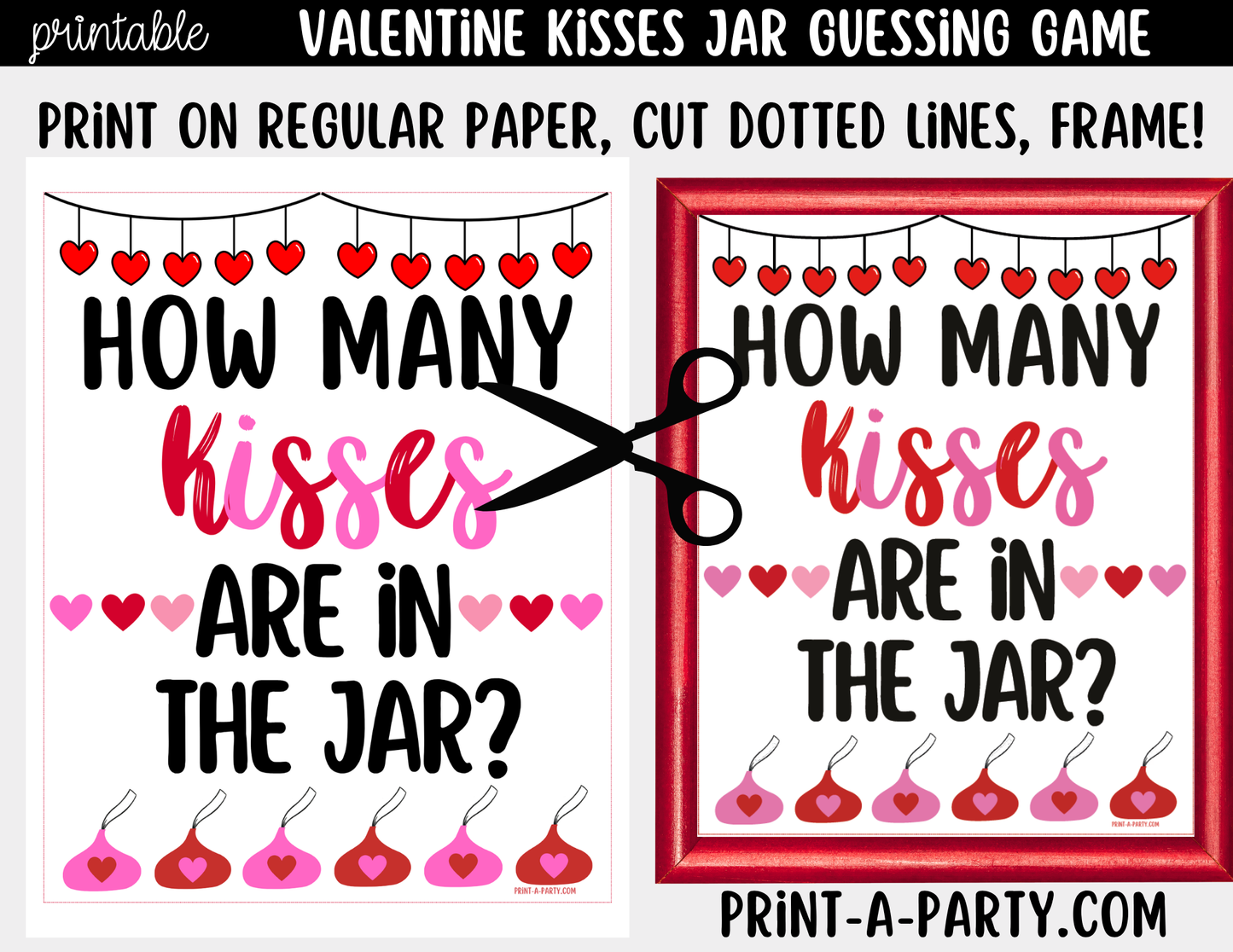 Valentine's Day Chocolate Kisses Jar Game Printable Sign (8x10) & Guessing Cards for Parties and Decor