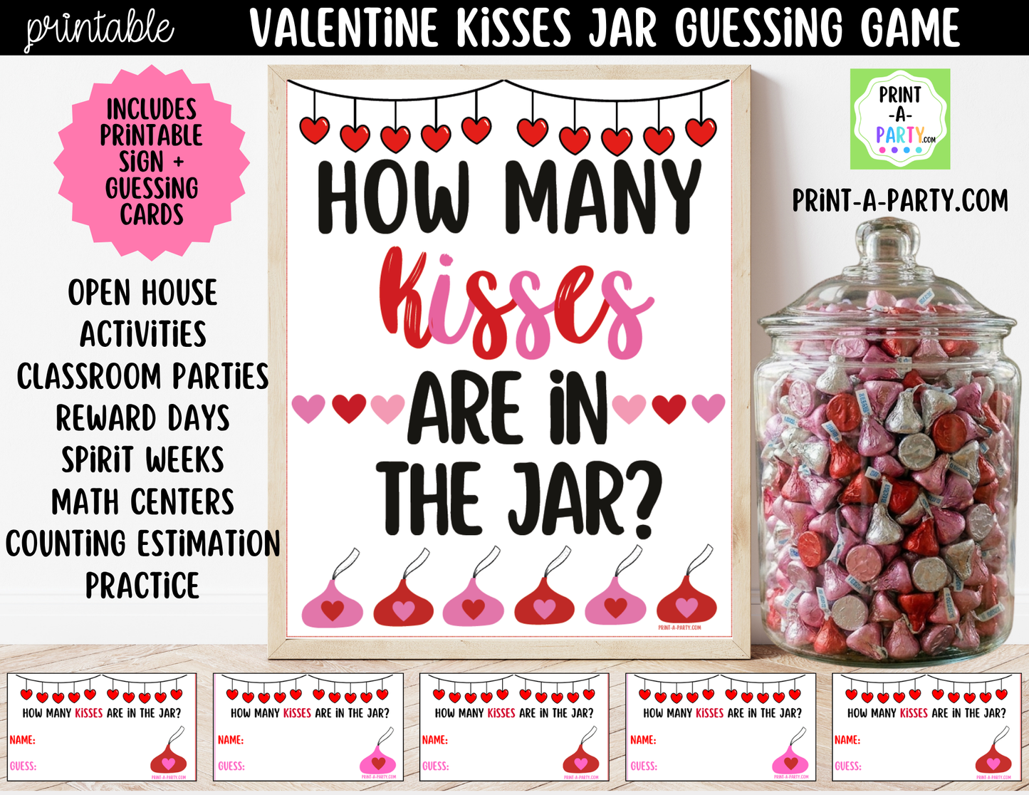 Valentine's Day Chocolate Kisses Jar Game Printable Sign (8x10) & Guessing Cards for Parties and Decor
