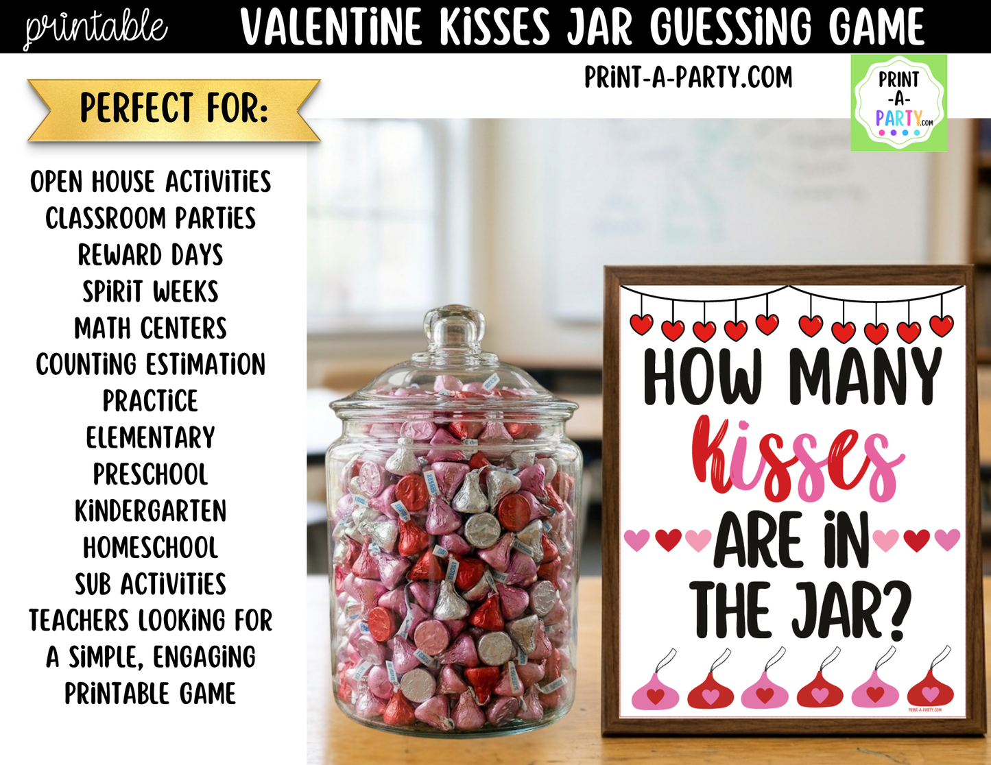 Valentine's Day Chocolate Kisses Jar Game Printable Sign (8x10) & Guessing Cards for Parties and Decor