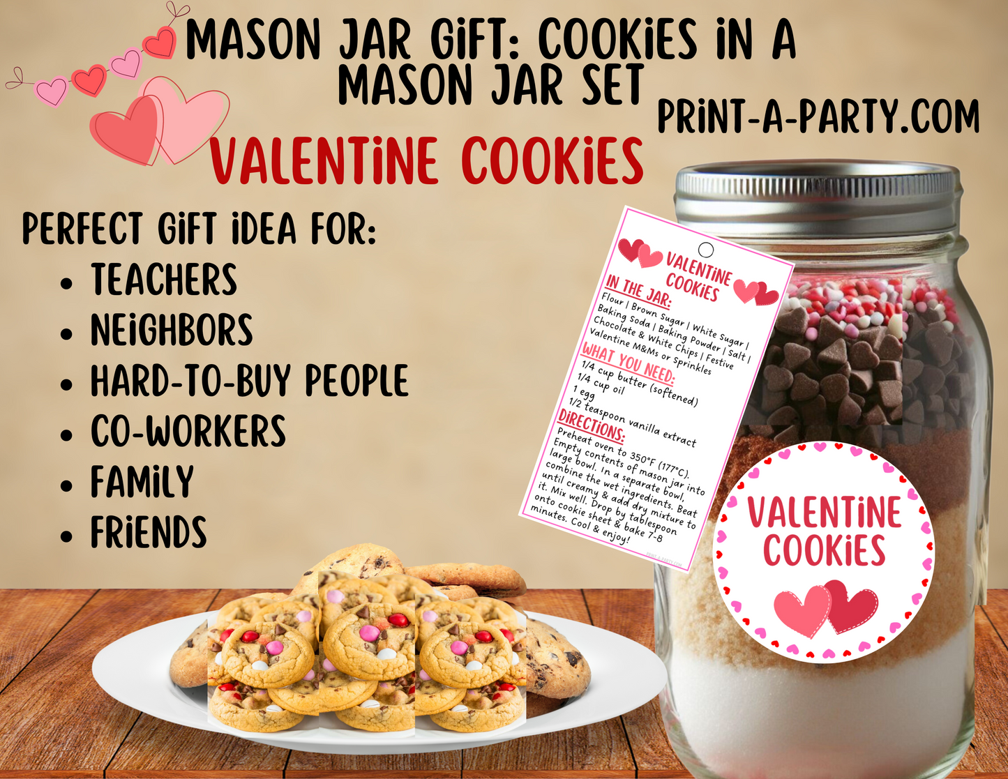 MASON JAR COOKIE GIFT: Valentine Cookies in a Mason Jar | Mason Jar Gift Kit | Valentine's Day Mason Jar Gift | Mason Jar Gift Idea