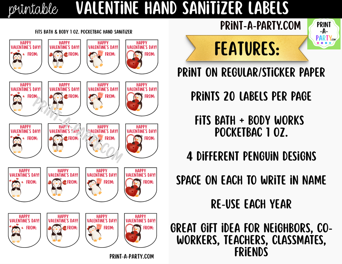 Valentine Penguin Hand Sanitizer Labels Printable