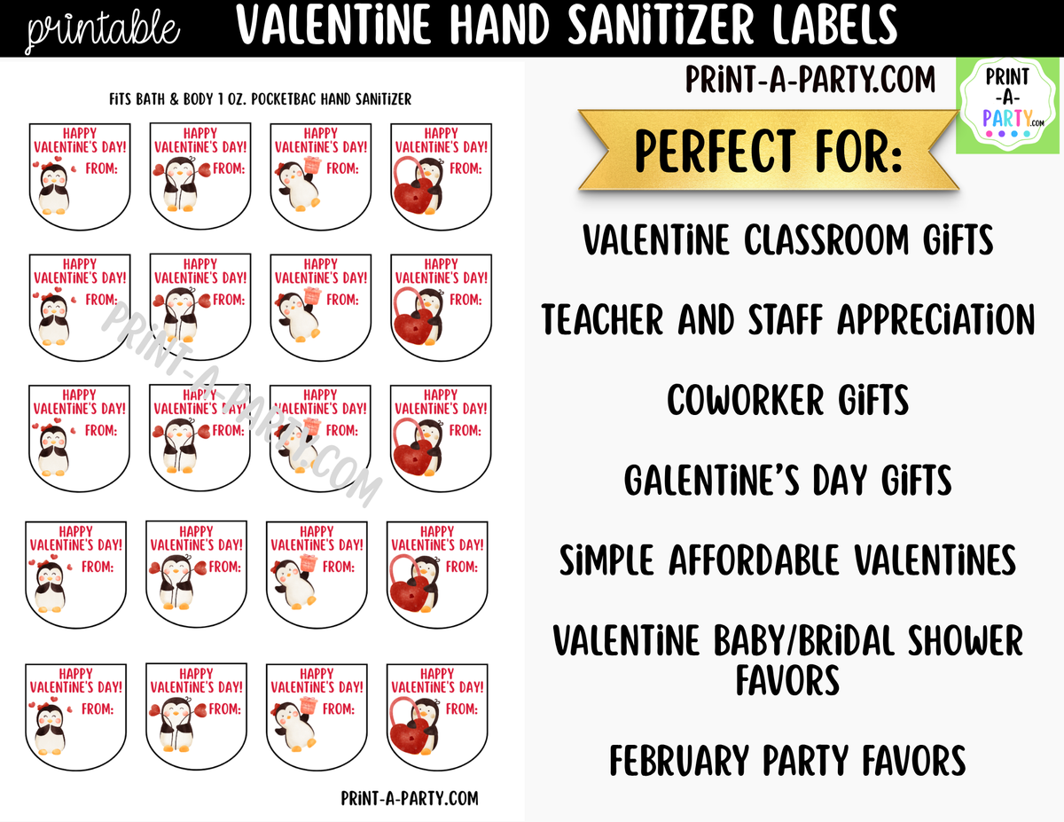Valentine Penguin Hand Sanitizer Labels Printable