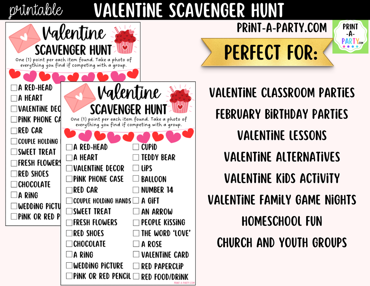 Valentine's Day Scavenger Hunt Printable Game for Kids