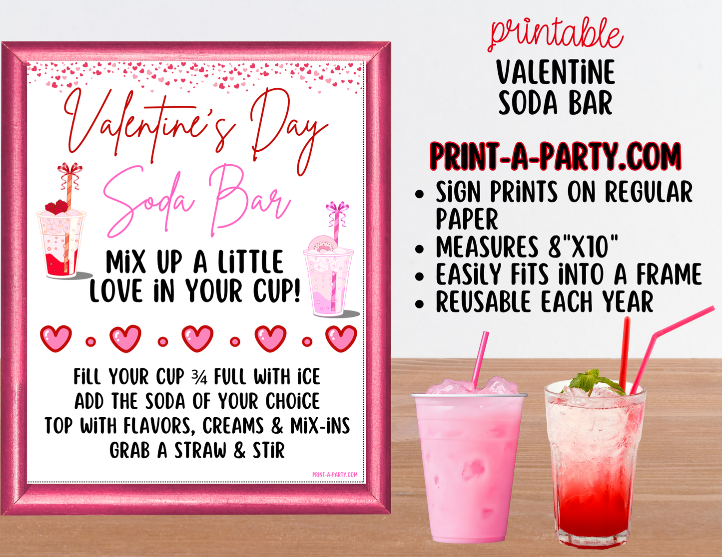 SODA BAR - Printable Valentine's Day Soda Bar Printable Kit - Dirty Soda Sign & Recipe Tent Cards (12 recipes!), Valentine Party Drink Station Decor