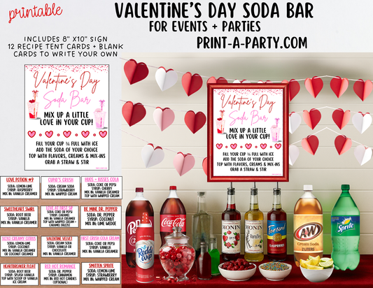 SODA BAR - Printable Valentine's Day Soda Bar Printable Kit - Dirty Soda Sign & Recipe Tent Cards (12 recipes!), Valentine Party Drink Station Decor