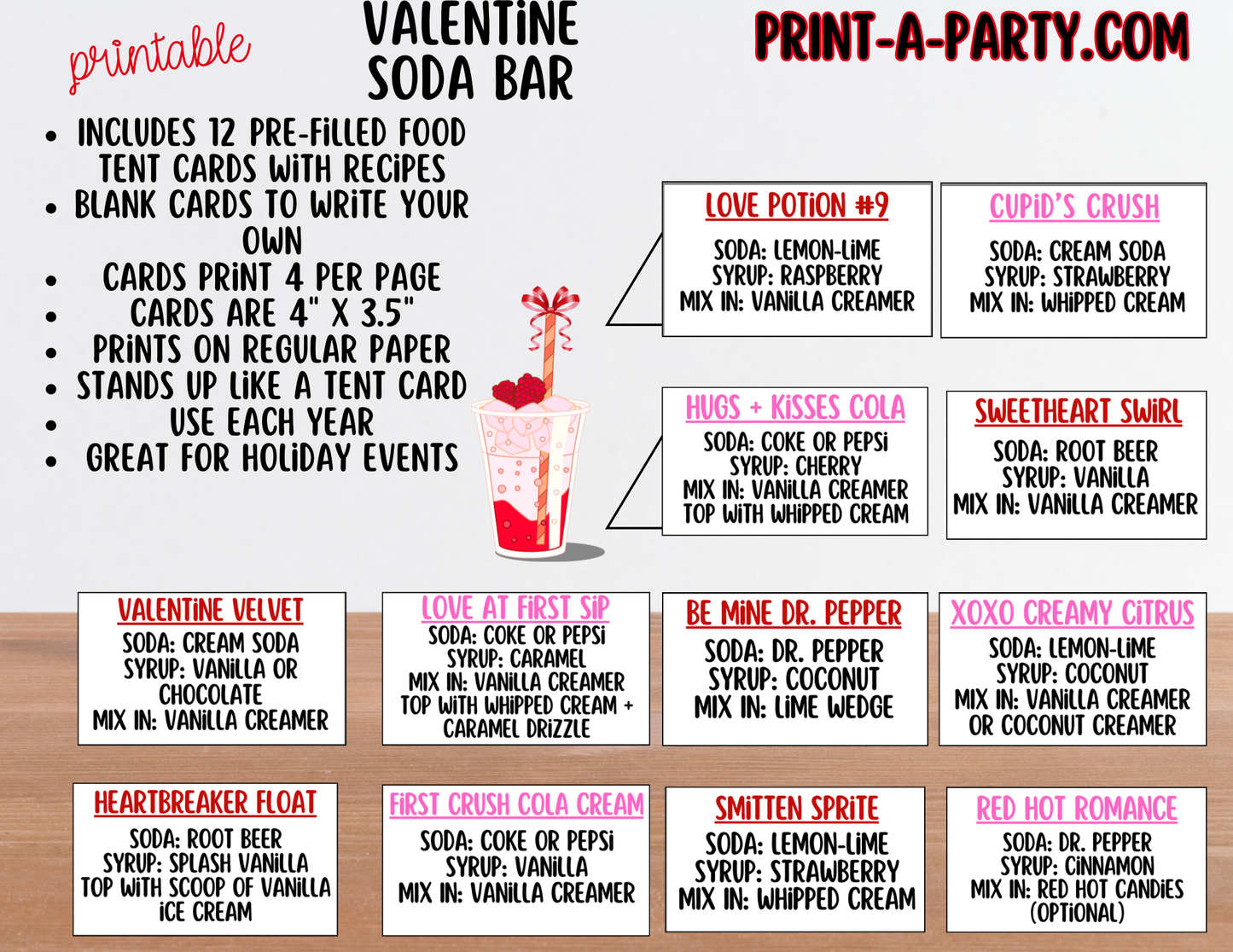 SODA BAR - Printable Valentine's Day Soda Bar Printable Kit - Dirty Soda Sign & Recipe Tent Cards (12 recipes!), Valentine Party Drink Station Decor