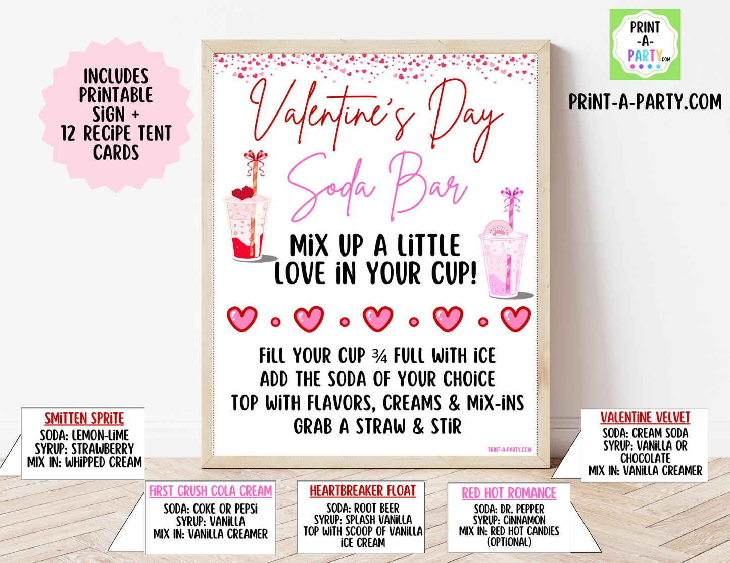 SODA BAR - Printable Valentine's Day "Dirty" Soda Bar Printable Kit - Sign & Recipe Tent Cards (12 recipes!), Valentine Party Drink Station Decor