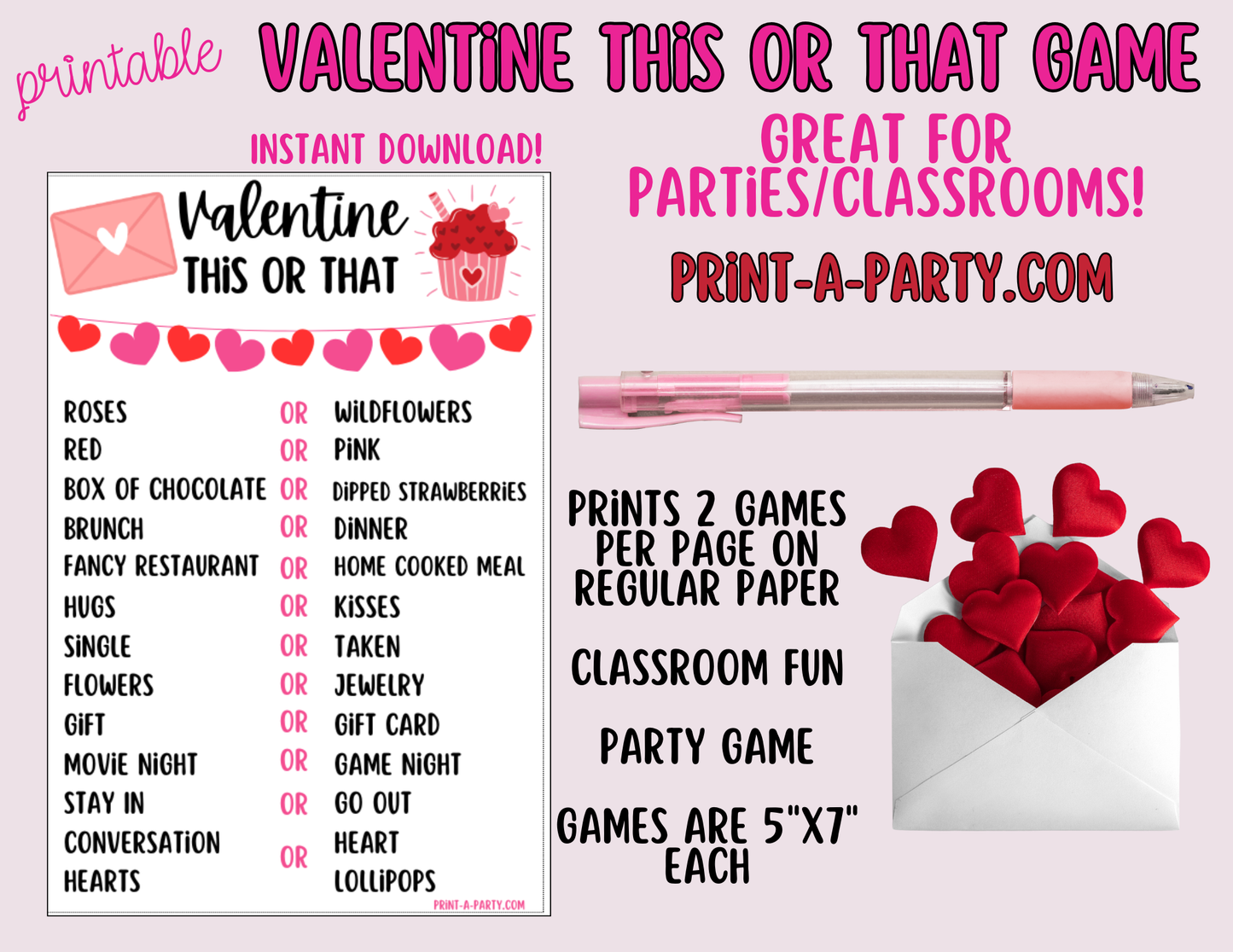 Valentine’s Day This or That Game Printable – 5x7 Classroom Party Activity, Instant Download