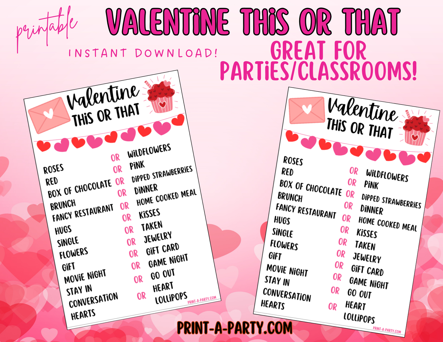 THIS OR THAT GAME | Valentine Games | Valentine Activities | Printable | Valentine Party | Valentine Classroom | INSTANT DOWNLOAD - Great for tweens and teens!