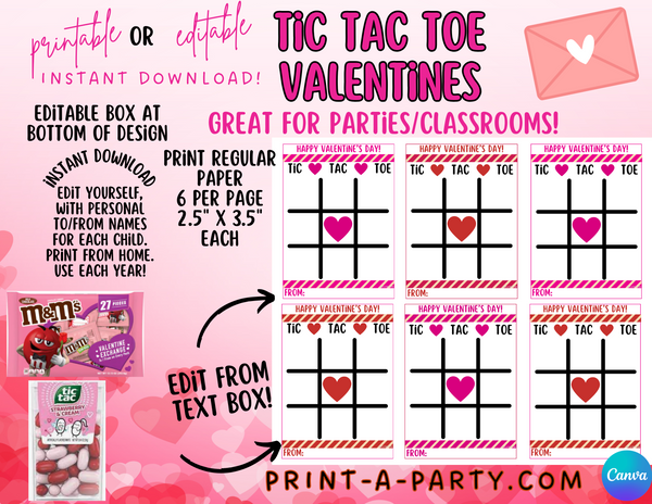 Valentine EDITABLE TEMPLATE: TIC TAC TOE VALENTINE CARD - EDITABLE PRINTABLE | Valentine's Day Party | Kid's Valentines | Valentine Tic Tac Toe Game