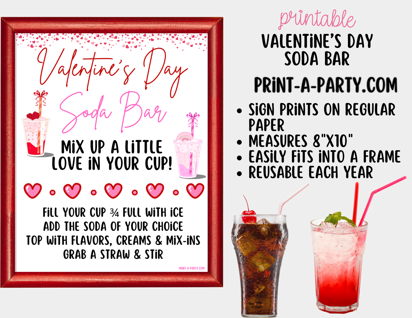 Valentine's Day "Dirty" Soda Bar Printable Kit - Sign (8x10), 12 Recipe Tent Cards + Shopping list