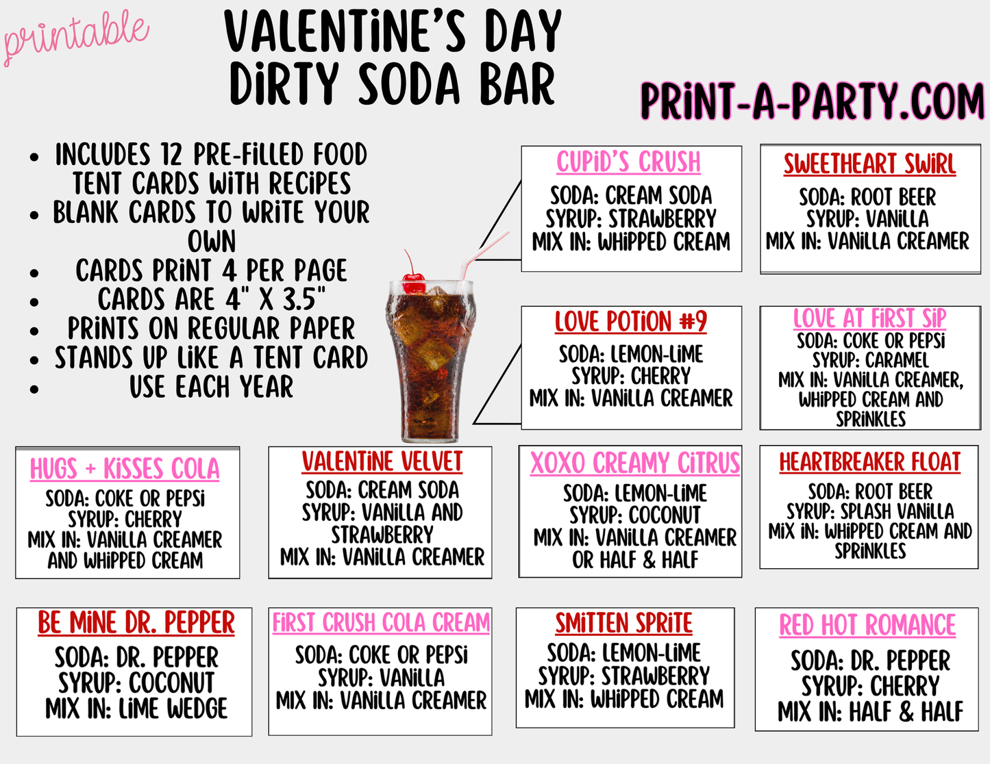 Valentine's Day "Dirty" Soda Bar Printable Kit - Sign (8x10), 12 Recipe Tent Cards + Shopping list