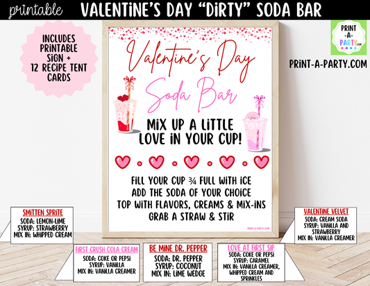 Valentine's Day "Dirty" Soda Bar Printable Kit - Sign (8x10), 12 Recipe Tent Cards + Shopping list