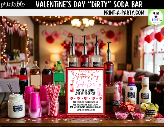 Valentine's Day "Dirty" Soda Bar Printable Kit - Sign (8x10), 12 Recipe Tent Cards + Shopping list
