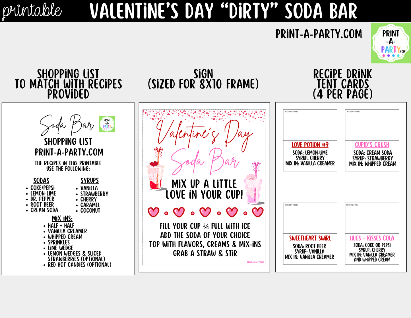 Valentine's Day "Dirty" Soda Bar Printable Kit - Sign (8x10), 12 Recipe Tent Cards + Shopping list