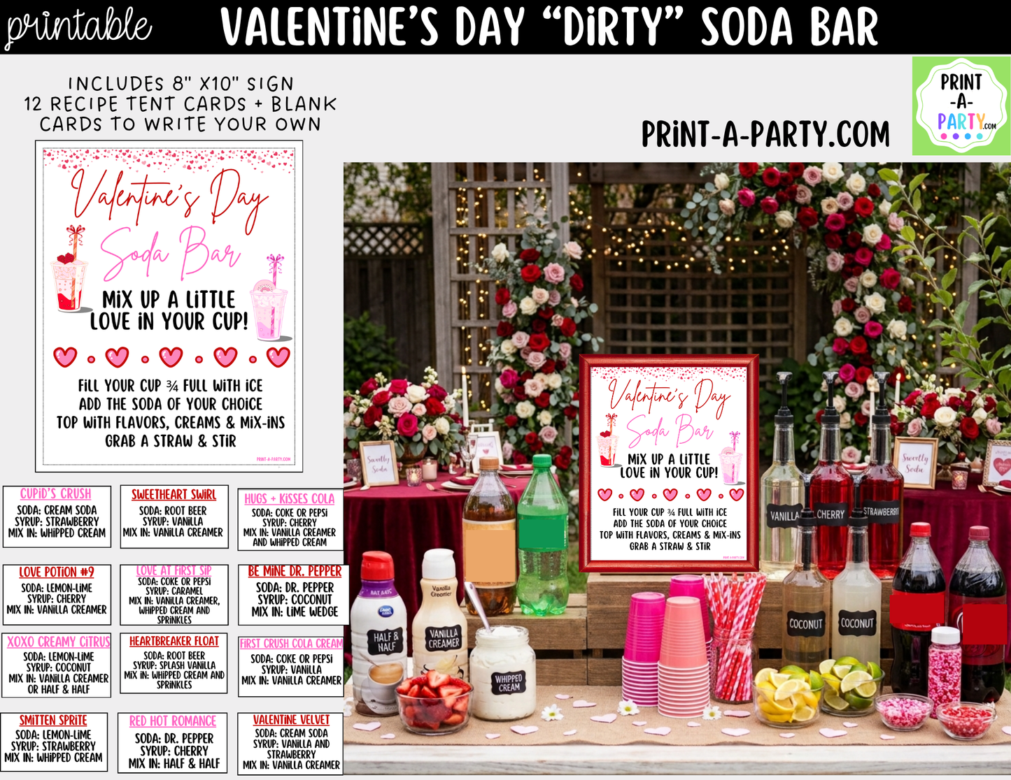 Valentine's Day "Dirty" Soda Bar Printable Kit - Sign (8x10), 12 Recipe Tent Cards + Shopping list