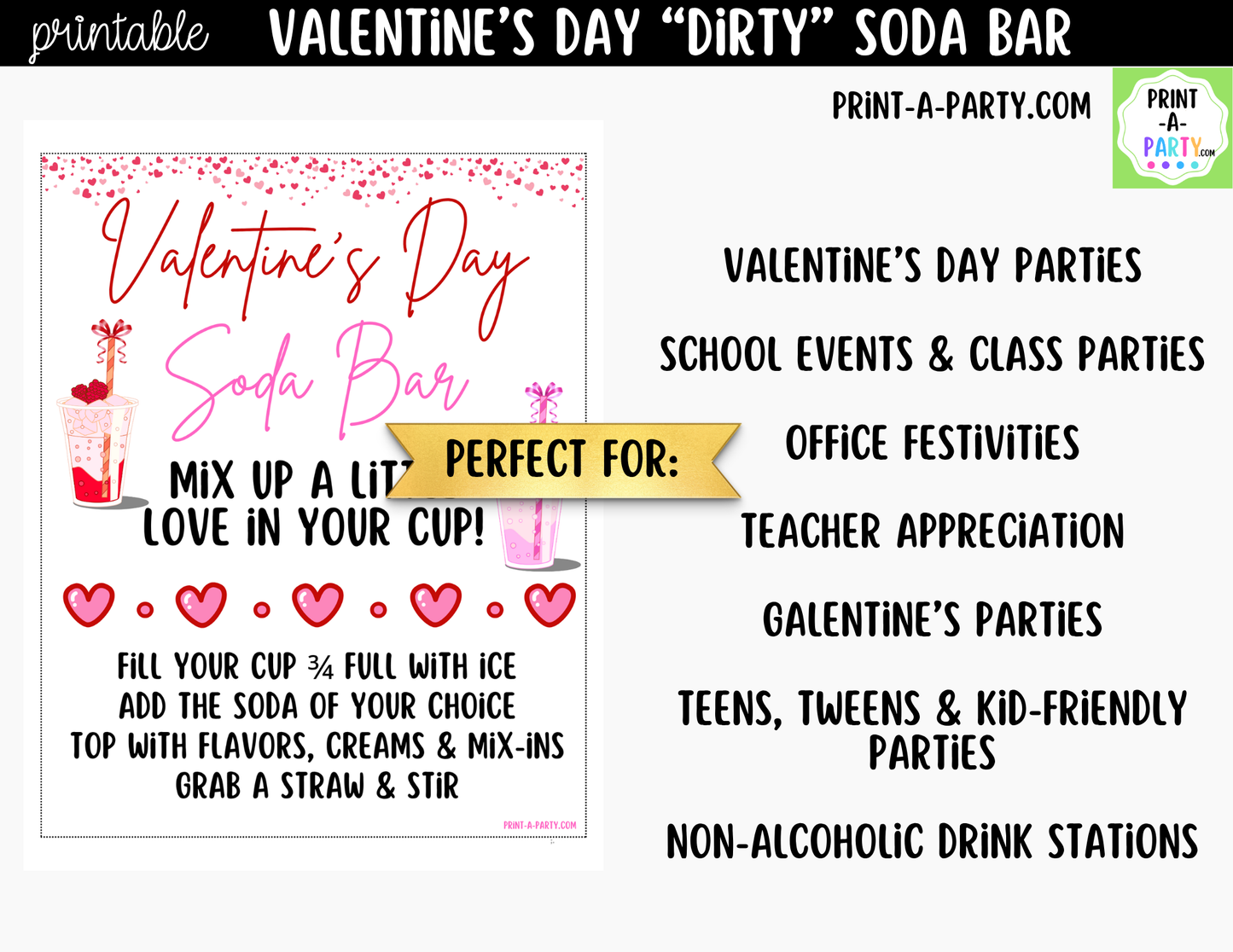Valentine's Day "Dirty" Soda Bar Printable Kit - Sign (8x10), 12 Recipe Tent Cards + Shopping list