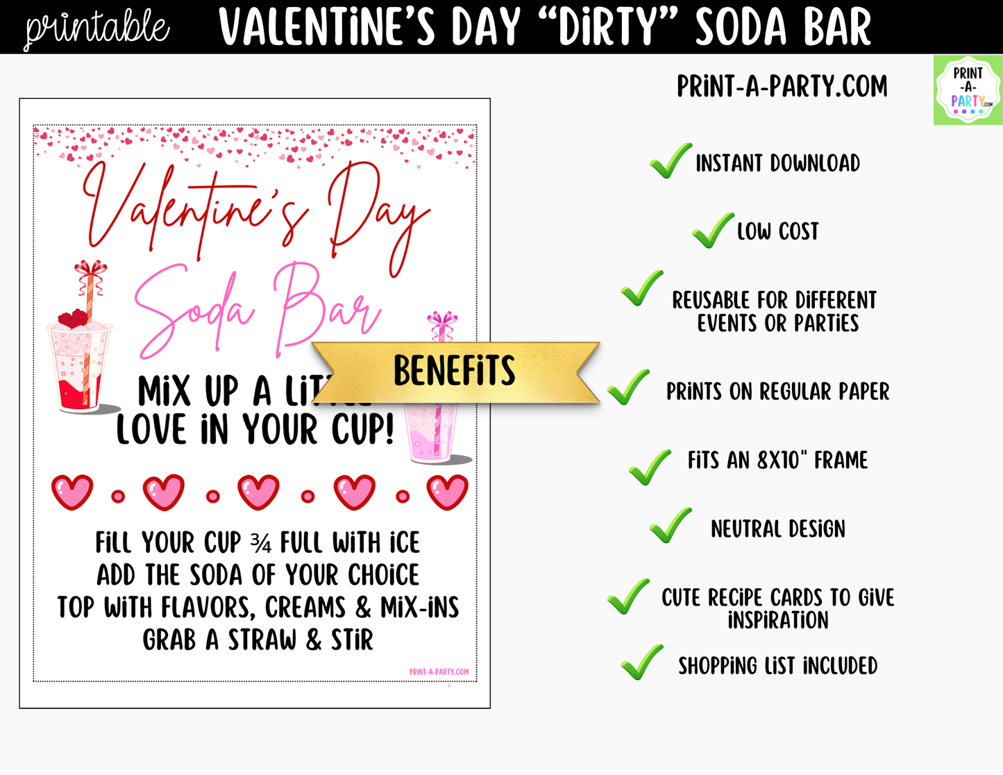 Valentine's Day "Dirty" Soda Bar Printable Kit - Sign (8x10), 12 Recipe Tent Cards + Shopping list