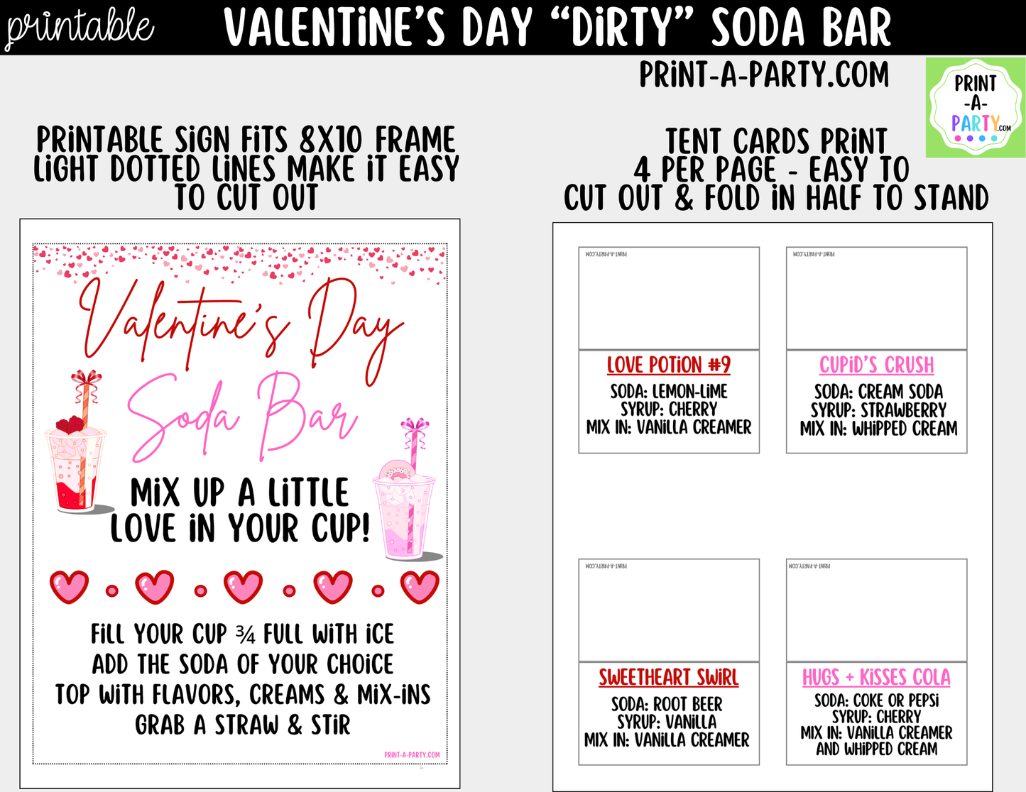 Valentine's Day "Dirty" Soda Bar Printable Kit - Sign (8x10), 12 Recipe Tent Cards + Shopping list