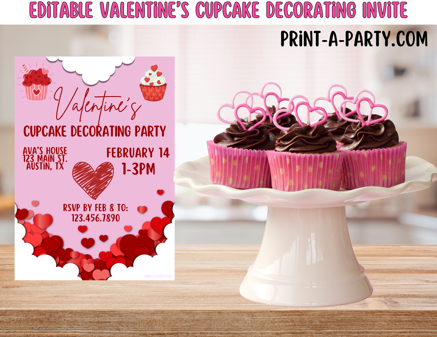Editable Valentine Cupcake Decorating Invite | Printable 5x7 Canva Template, Instant Download
