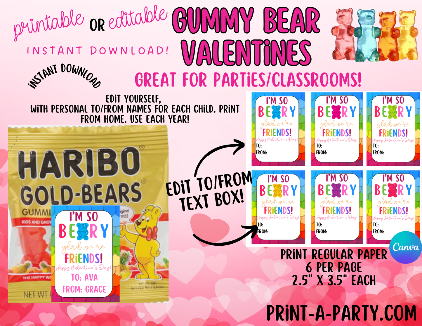 Valentine EDITABLE TEMPLATE: GUMMY BEARS VALENTINE CARD - Customizable Cards for Kids, Classrooms, and Parties