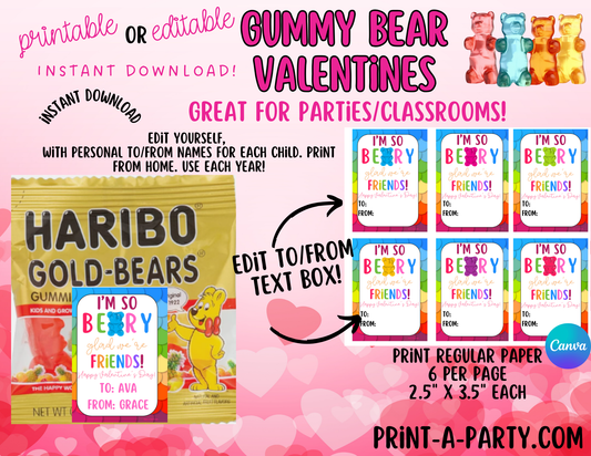 Valentine EDITABLE TEMPLATE: GUMMY BEARS VALENTINE CARD - Customizable Cards for Kids, Classrooms, and Parties