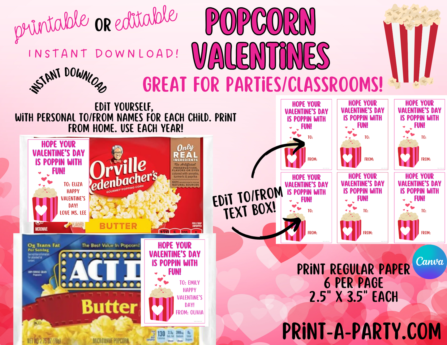 Valentine EDITABLE TEMPLATE: POPCORN VALENTINE CARD - Customizable Cards for Kids, Classrooms, and Parties