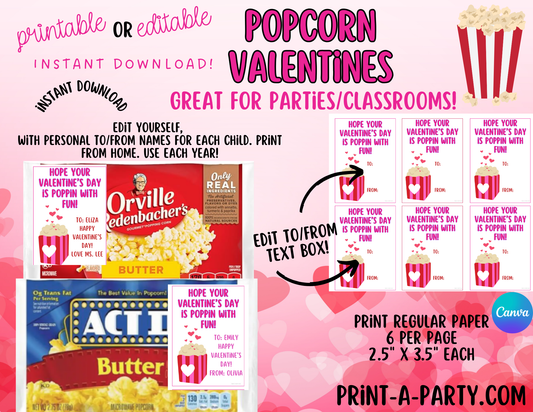 Valentine EDITABLE TEMPLATE: POPCORN VALENTINE CARD - Customizable Cards for Kids, Classrooms, and Parties