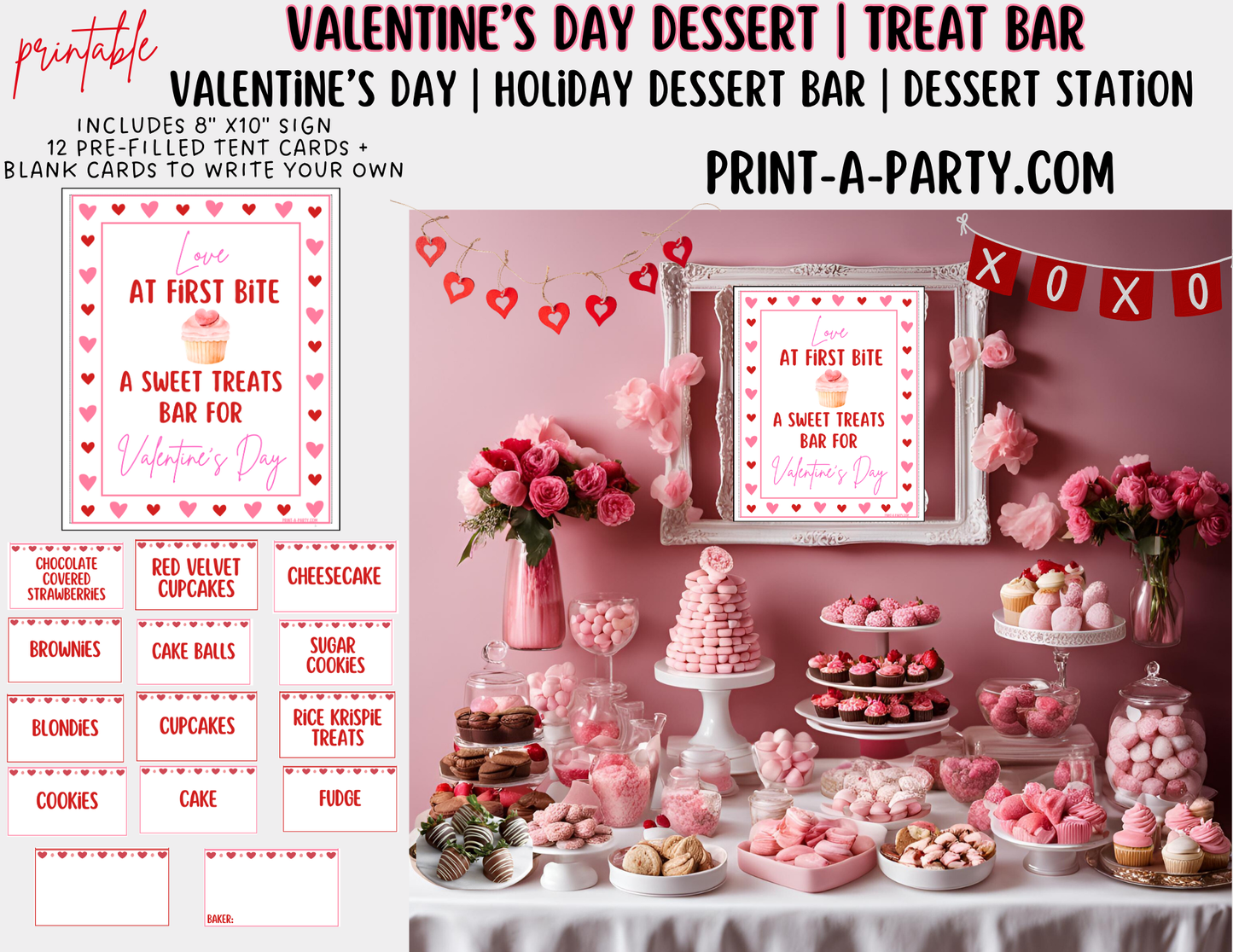 VALENTINE'S DAY DESSERT TREAT BAR | Dessert Station | Valentine Dessert Buffet Set up - Sign & Tent Cards | Valentine Party Idea