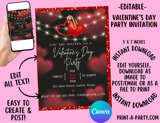 VALENTINE PARTY EDITABLE INVITATION: VALENTINE'S PARTY - EDITABLE PRINTABLE | Valentine's Day Party Invite | Valentine Party Customization