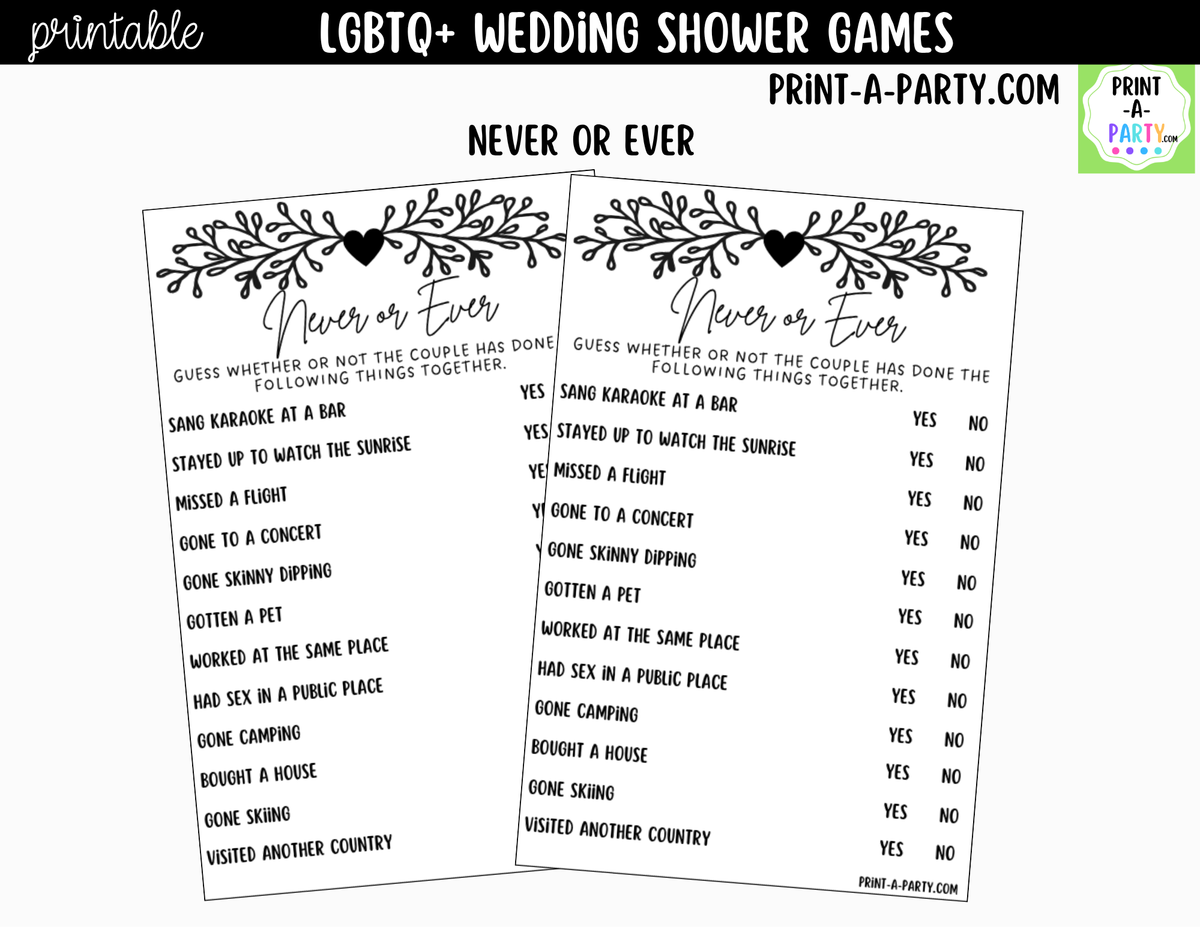 LGBTQ+ Wedding Shower Games Printable | Black Vine & Heart