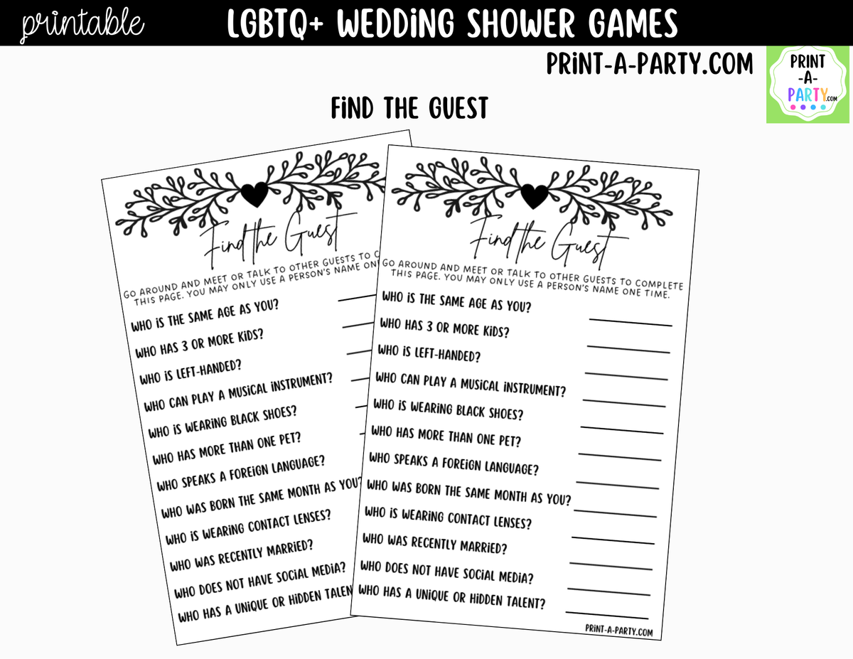LGBTQ+ Wedding Shower Games Printable | Black Vine & Heart