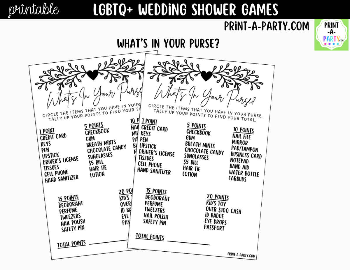 LGBTQ+ Wedding Shower Games Printable | Black Vine & Heart