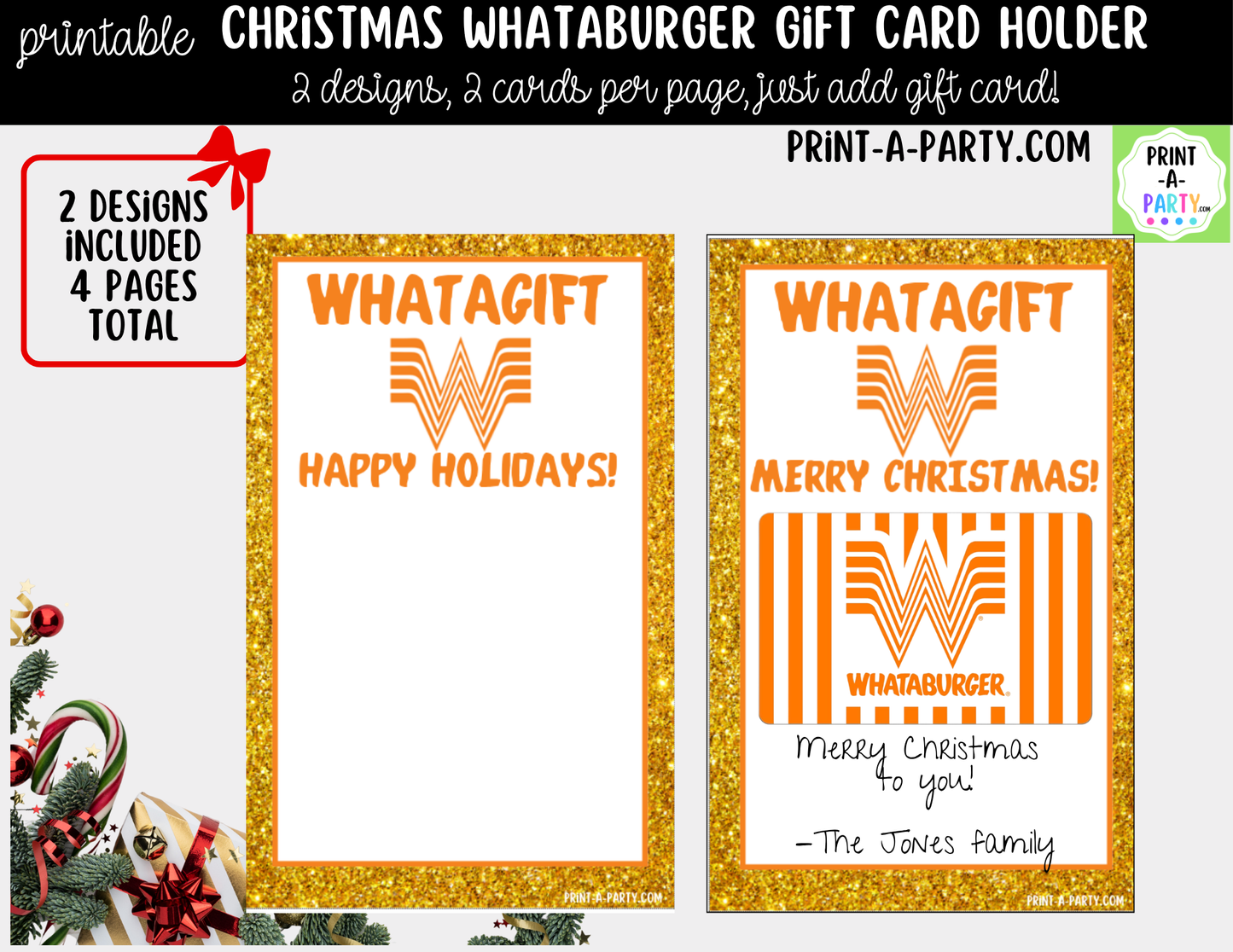 Printable Whataburger Gift Card Holder - Christmas Holiday Gift Card Sleeve Template